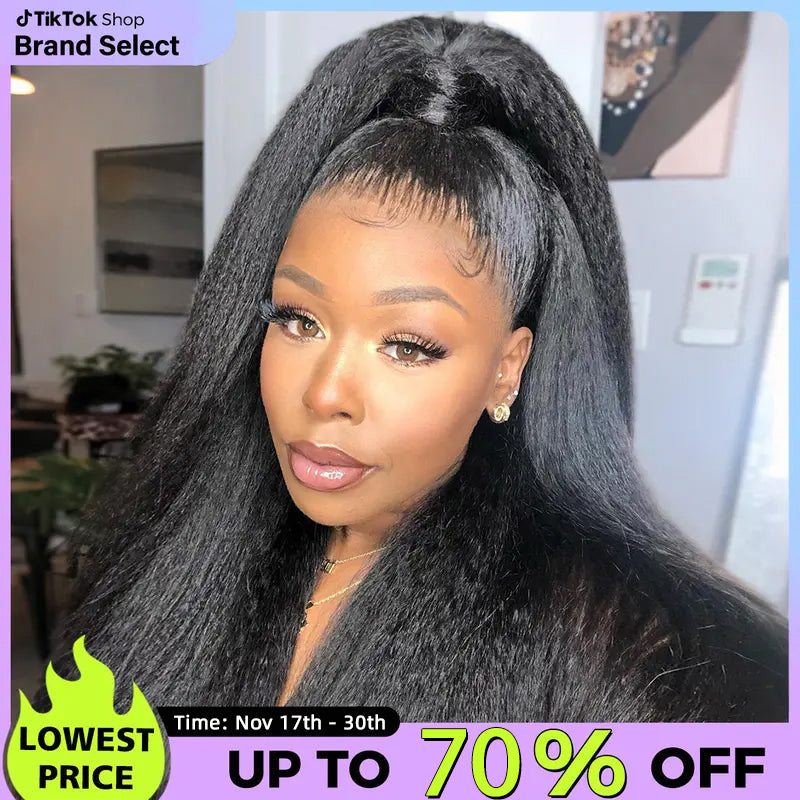 Pre-Cut Lace Kinky Straight 360 Full Lace Frontal Glueless Wig With Invisi Drawstring Pre Plucked Human Hair Wig