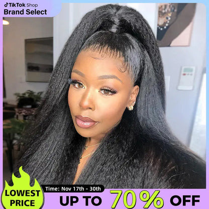 Pre-Cut Lace Kinky Straight 360 Full Lace Frontal Glueless Wig With Invisi Drawstring Pre Plucked Human Hair Wig