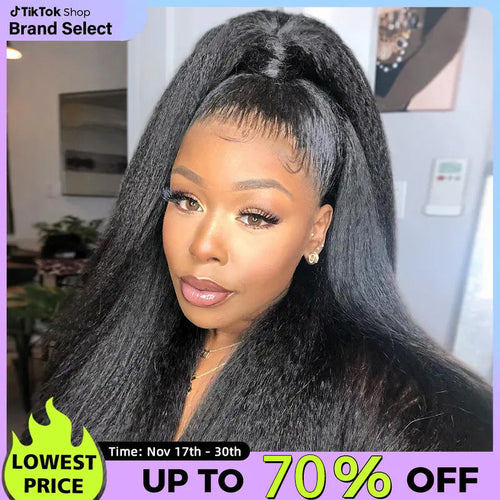 Pre-Cut Lace Kinky Straight 360 Full Lace Frontal Glueless Wig With Invisi Drawstring Pre Plucked Human Hair Wig