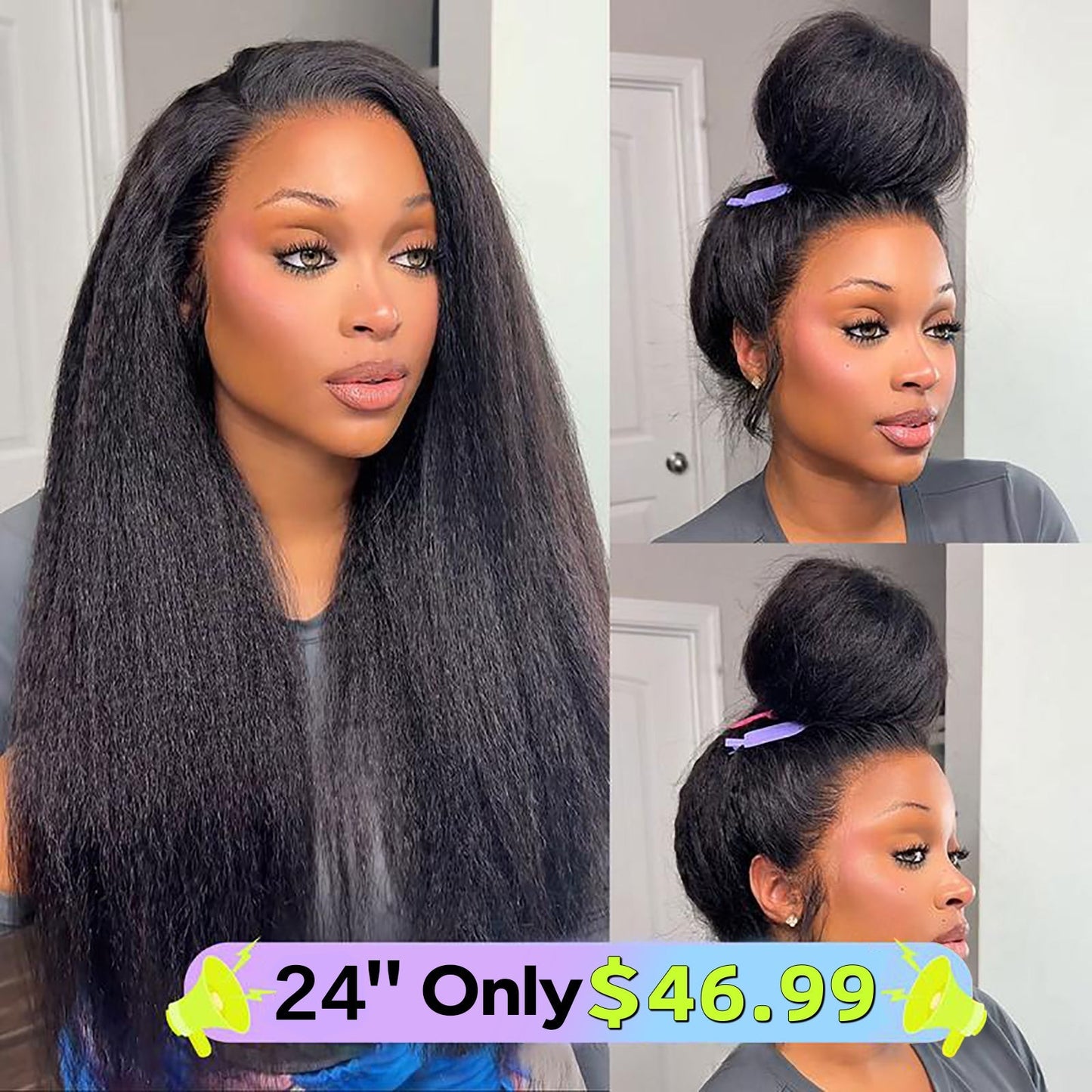Pre-Cut Lace Kinky Straight 360 Full Lace Frontal Glueless Wig With Invisi Drawstring Pre Plucked Human Hair Wig