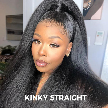 Pre-Cut Lace Kinky Straight 360 Full Lace Frontal Glueless Wig With Invisi Drawstring Pre Plucked Human Hair Wig